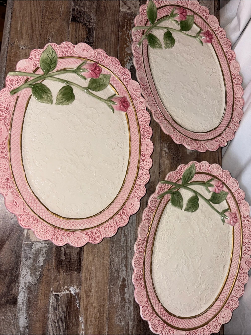 Set of 3 Vintage Fitz & Floyd Omnibus “Thinking of You” Pink Rose and Lace
